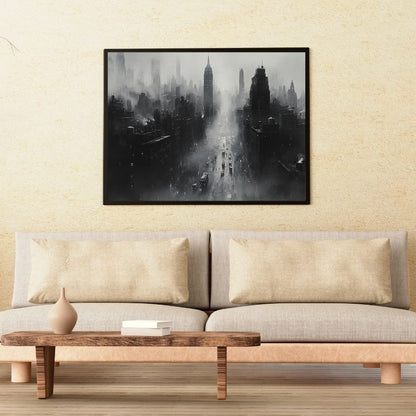 Peinture artistique de New York dans la brume, paysage urbain élégant en noir et blanc pour décoration murale
