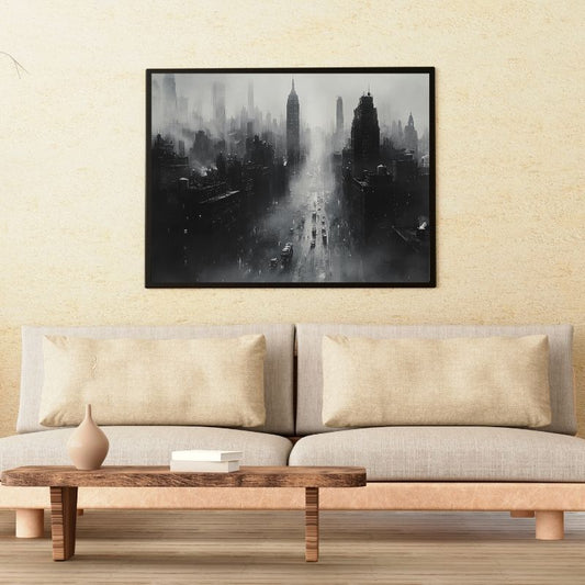 Peinture artistique de New York dans la brume, paysage urbain élégant en noir et blanc pour décoration murale
