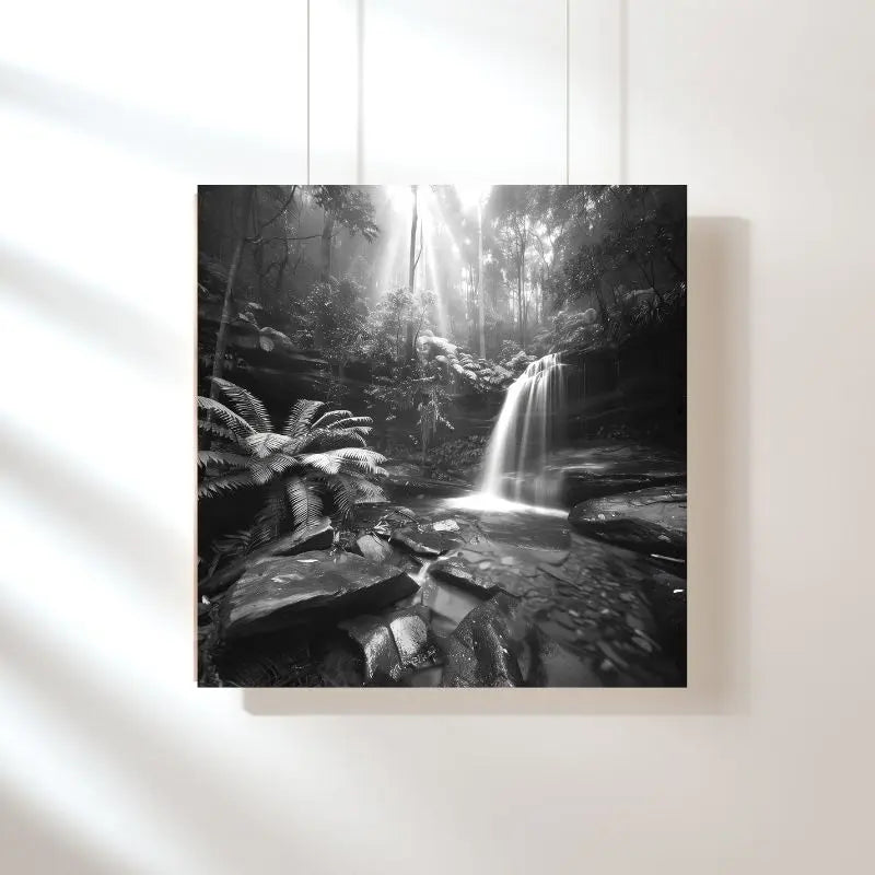 Tableau en noir et blanc d’une jungle avec cascade, scène naturelle et immersive pour décoration murale spectaculaire
