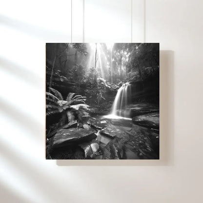 Tableau en noir et blanc d’une jungle avec cascade, scène naturelle et immersive pour décoration murale spectaculaire
