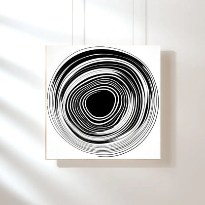 Tableau minimaliste en noir et blanc représentant un cercle façon vinyle, mêlant abstraction graphique et design monochrome épuré.