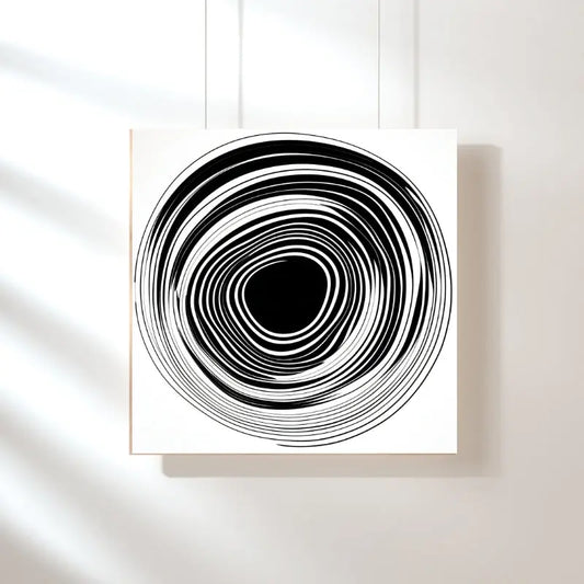 Tableau minimaliste en noir et blanc représentant un cercle façon vinyle, mêlant abstraction graphique et design monochrome épuré.