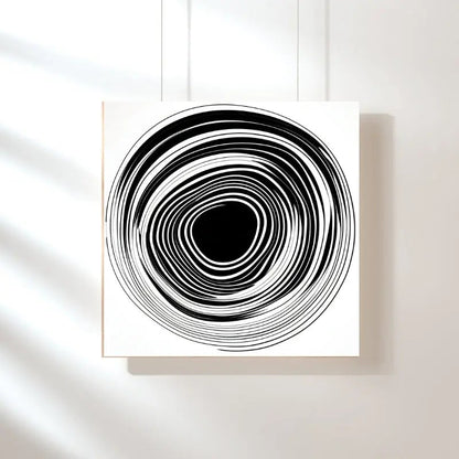 Tableau minimaliste en noir et blanc représentant un cercle façon vinyle, mêlant abstraction graphique et design monochrome épuré.