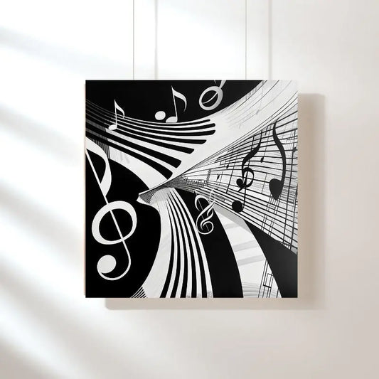 Tableau en noir et blanc avec des notes de musique, œuvre élégante et rythmée pour décoration murale moderne