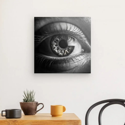 Tableau en noir et blanc d’un œil en gros plan, œuvre captivante et mystérieuse pour décoration murale moderne
