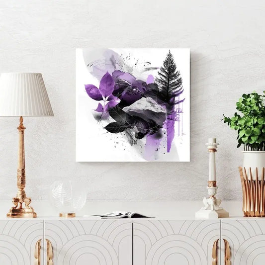 Tableau graphique en noir, blanc et violet, composition moderne au style abstrait et percutant