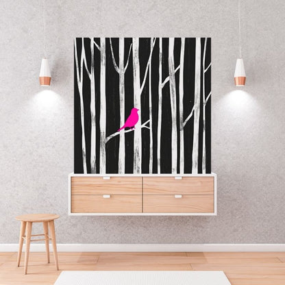 Tableau moderne représentant un oiseau rose sur fond noir et blanc, décoration murale au style élégant et contrasté
