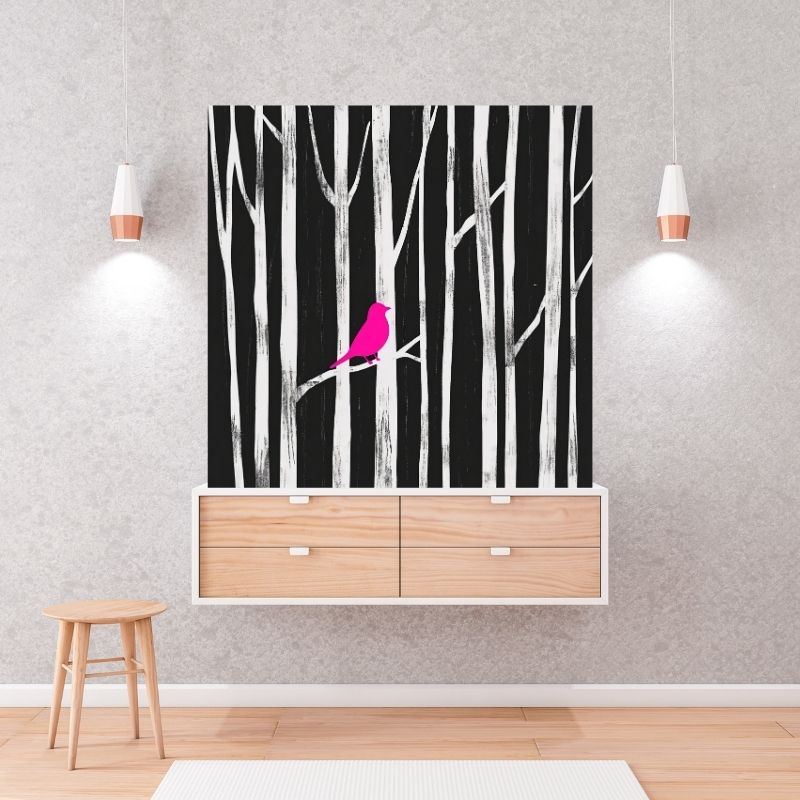 Tableau moderne représentant un oiseau rose sur fond noir et blanc, décoration murale au style élégant et contrasté
