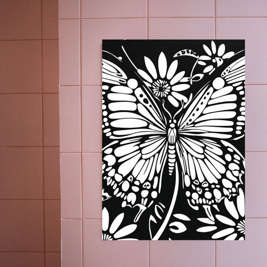 Dessin boho en noir et blanc d’un papillon, tableau délicat au style naturel et bohème pour décoration murale