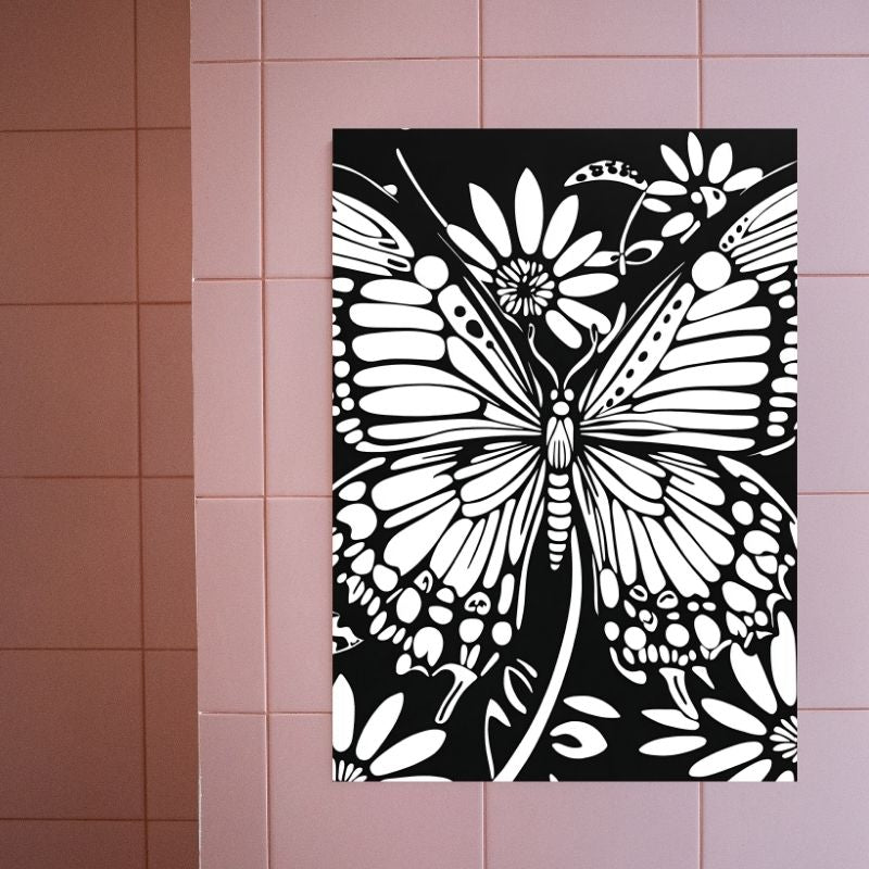 Dessin boho en noir et blanc d’un papillon, tableau délicat au style naturel et bohème pour décoration murale