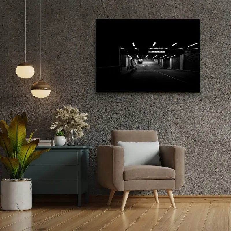 Tableau noir et blanc d’un parking souterrain, ambiance urbaine et graphique