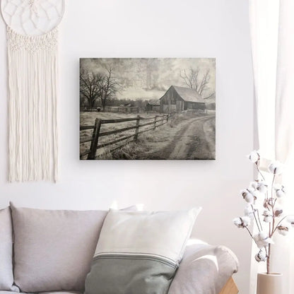 Tableau noir et blanc d’un ancien paysage de campagne, ambiance rustique et intemporelle
