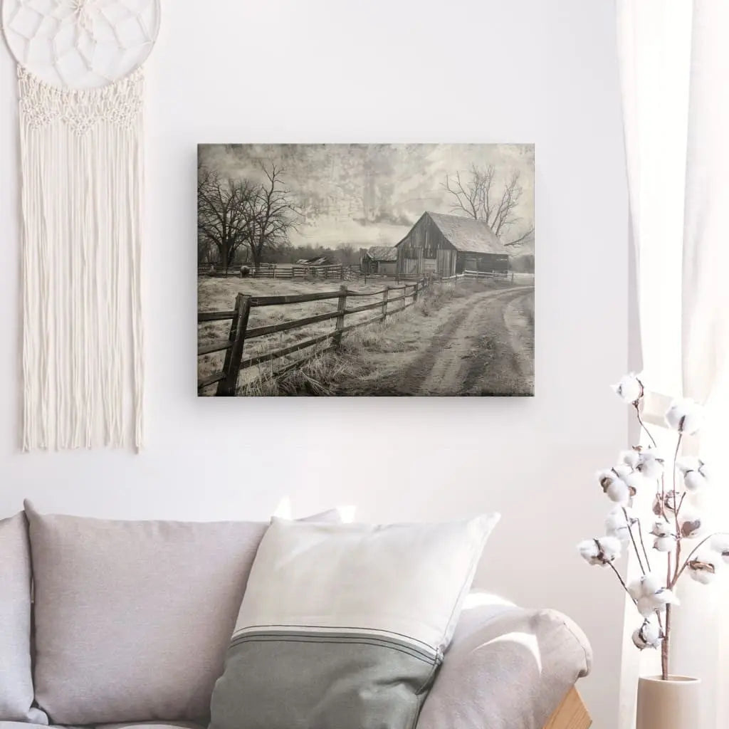 Tableau noir et blanc d’un ancien paysage de campagne, ambiance rustique et intemporelle
