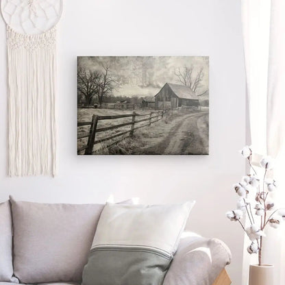Tableau noir et blanc d’un ancien paysage de campagne, ambiance rustique et intemporelle
