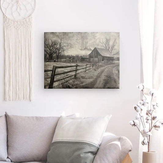 Tableau noir et blanc d’un ancien paysage de campagne, ambiance rustique et intemporelle
