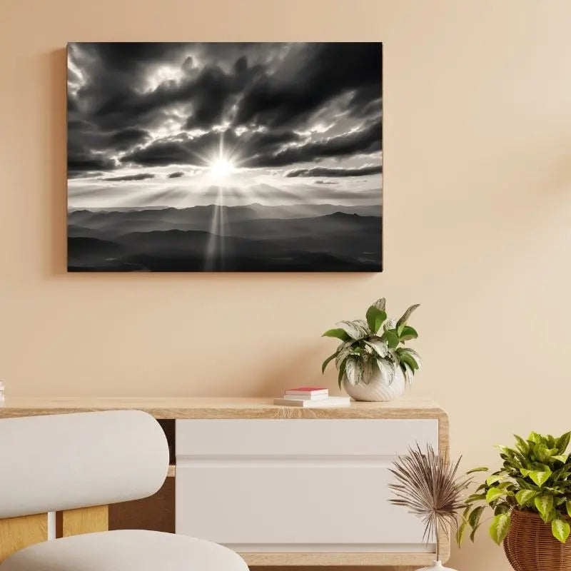 Tableau en noir et blanc d’un paysage de collines ensoleillées, scène naturelle et paisible pour décoration murale