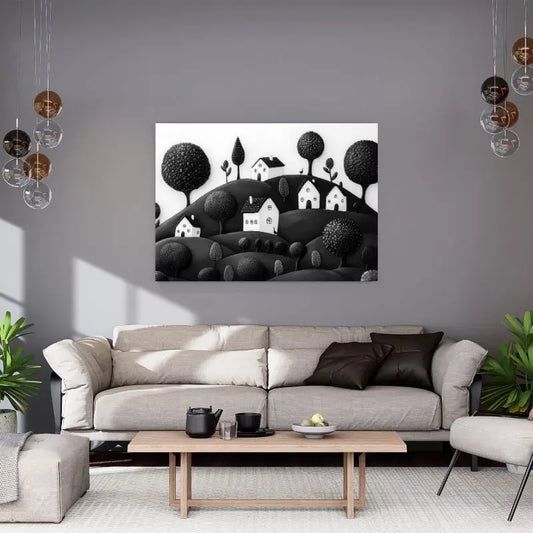 Tableau monochrome représentant un paysage enfantin en art naïf, scène poétique et simplifiée pour décoration murale originale
