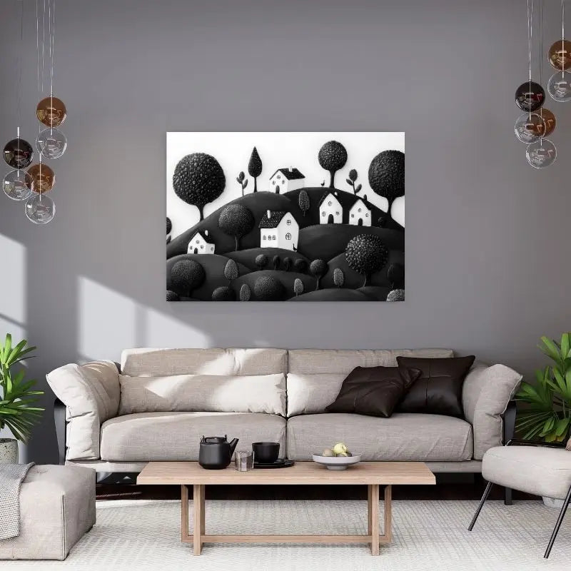 Tableau monochrome représentant un paysage enfantin en art naïf, scène poétique et simplifiée pour décoration murale originale
