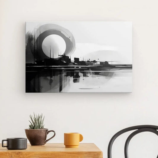 Paysage stylisé en noir et blanc aux formes géométriques, fusionnant abstraction contemporaine, équilibre visuel et design graphique moderne.