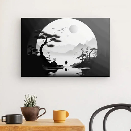 Dessin en noir et blanc d’un paysage onirique inspiré de l’Asie, mêlant montagnes brumeuses, nature mystique et sérénité intemporelle.