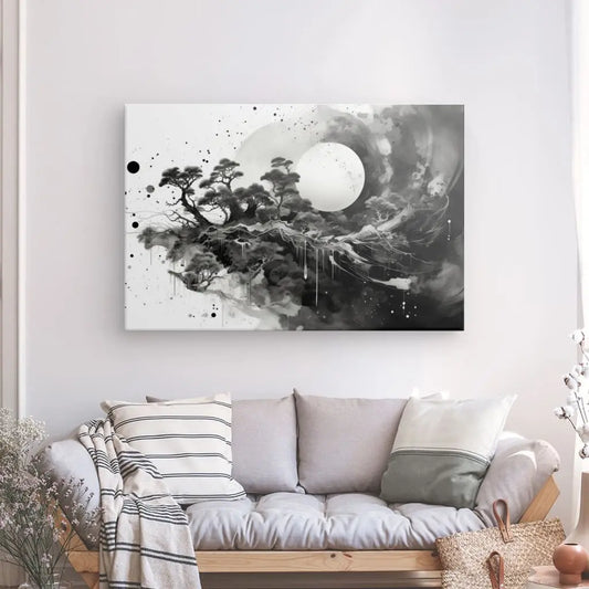 Peinture abstraite en noir et blanc représentant un paysage onirique, mêlant rêve, profondeur et style moderne dans une composition captivante.