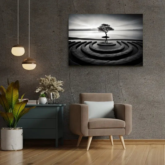 Photo en noir et blanc d’un arbre solitaire dans un paysage zen, inspirant le calme, la méditation et la beauté naturelle minimaliste.
