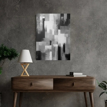 Tableau en peinture abstraite noir et blanc avec des bandes à effet flou, design contemporain et texturé