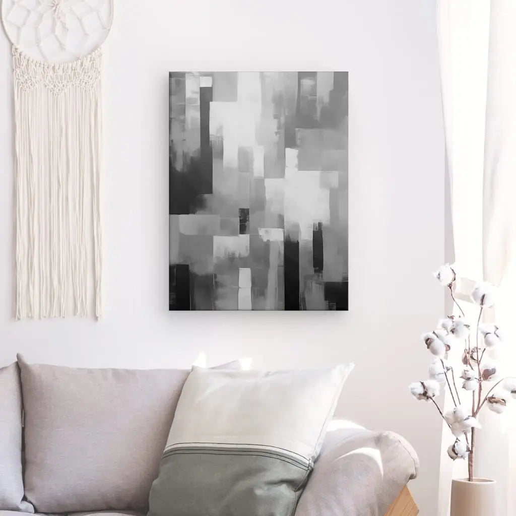 Tableau de peinture abstraite en dégradé noir et blanc, style contemporain et épuré