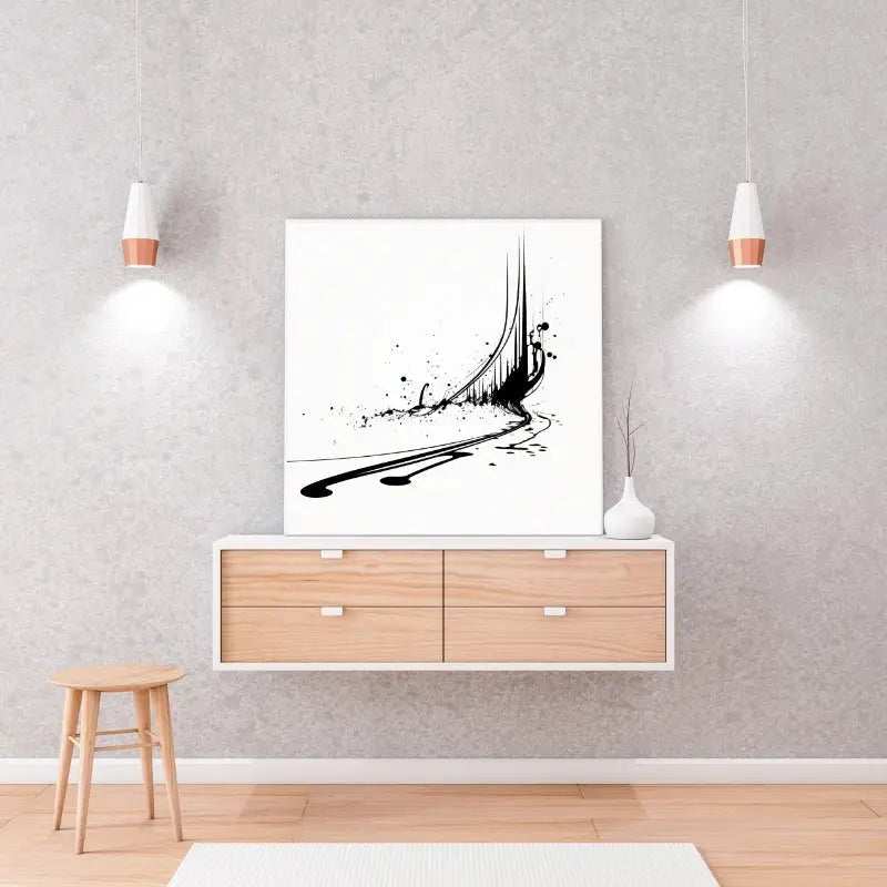 Peinture abstraite en noir et blanc représentant une note de musique, dans un design minimaliste qui allie rythme, art et élégance sonore.