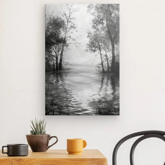 Tableau en peinture noir et blanc représentant des arbres dans un paysage de campagne, ambiance naturelle et sereine