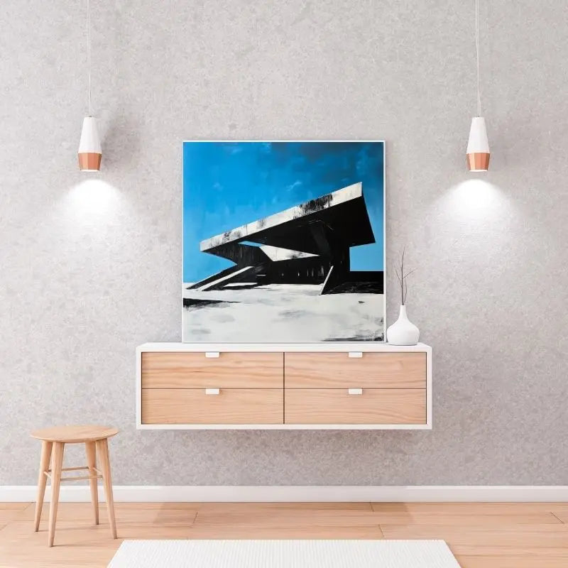 Peinture d’architecture en béton avec un ciel bleu, tableau moderne au style urbain et minimaliste pour décoration murale
