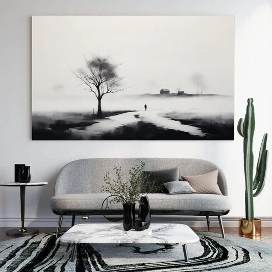 Tableau en peinture noir et blanc d’un paysage de campagne avec champ, scène rurale calme et intemporelle