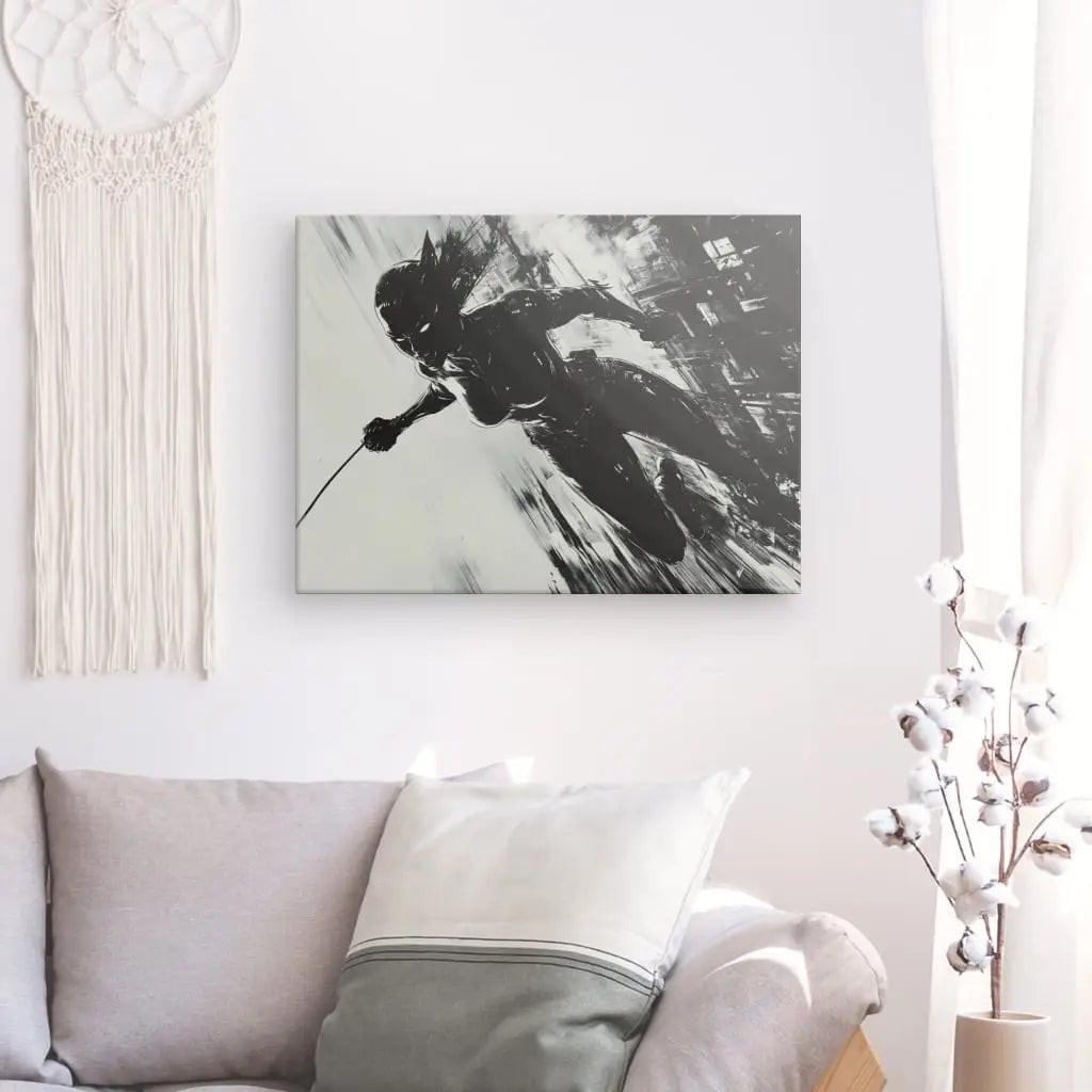 Peinture en noir et blanc de Catwoman et Batman, tableau stylisé au style comics pour décoration murale moderne et geek
