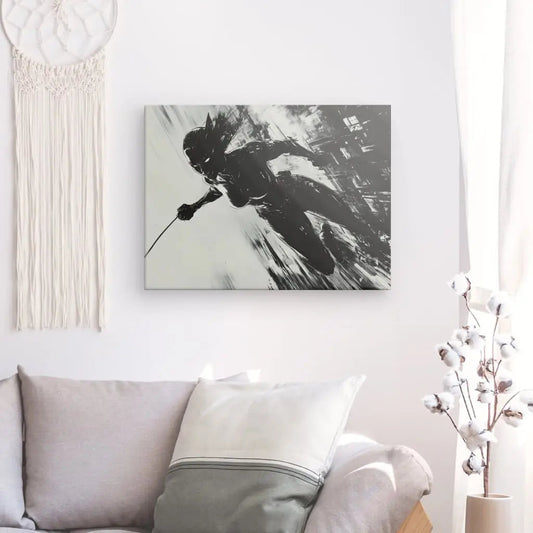 Peinture en noir et blanc de Catwoman et Batman, tableau stylisé au style comics pour décoration murale moderne et geek
