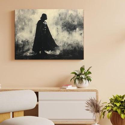 Peinture en noir et blanc de Dark Vador, figure emblématique des Sith, tableau puissant au style cinématographique