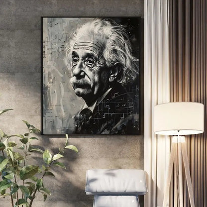 Tableau en peinture noir et blanc d'Albert Einstein, physicien emblématique au style artistique et expressif