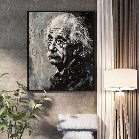 Tableau en peinture noir et blanc d'Albert Einstein, physicien emblématique au style artistique et expressif