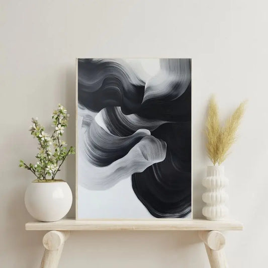Tableau en noir et blanc avec peinture étalée, œuvre abstraite et moderne pour décoration murale contemporaine
