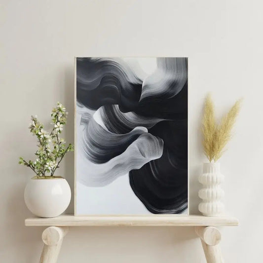 Tableau en noir et blanc avec peinture étalée, œuvre abstraite et moderne pour décoration murale contemporaine
