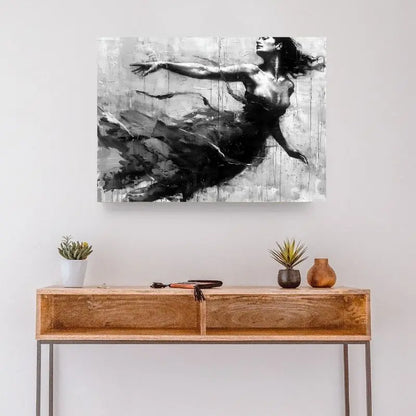 Peinture monochrome d’une femme en danse aérienne, tableau élégant et poétique pour décoration murale
