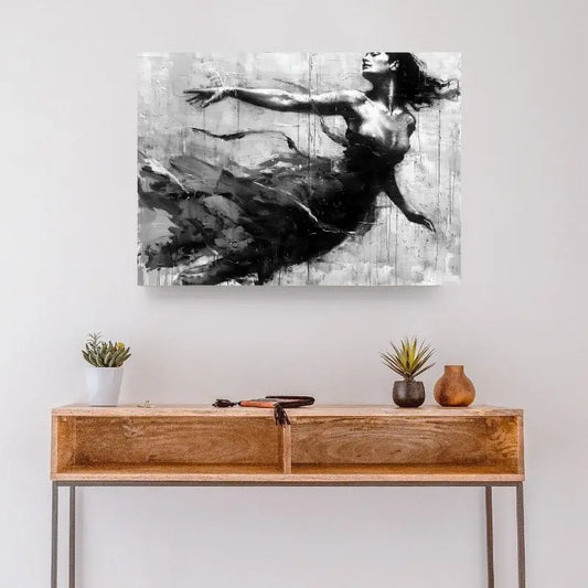 Peinture monochrome d’une femme en danse aérienne, tableau élégant et poétique pour décoration murale
