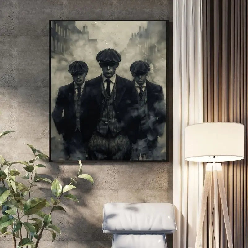 Peinture monochrome représentant un gang inspiré de Peaky Blinders, tableau rétro et dramatique pour décoration murale