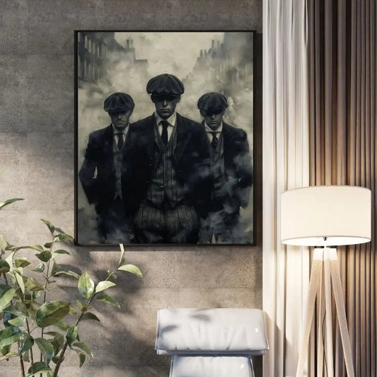 Peinture monochrome représentant un gang inspiré de Peaky Blinders, tableau rétro et dramatique pour décoration murale