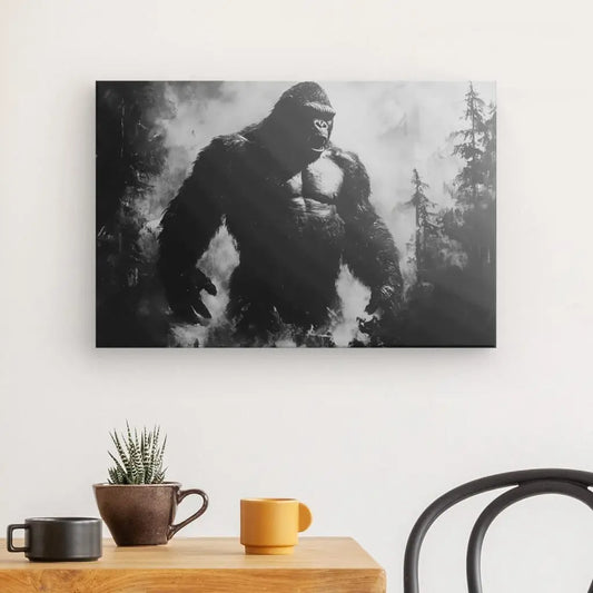 Peinture monochrome de King Kong, singe géant en scène spectaculaire, tableau puissant et cinématographique pour décoration murale
