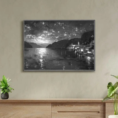 Peinture en noir et blanc d’un lac et de montagnes, scène naturelle majestueuse et apaisante pour décoration murale