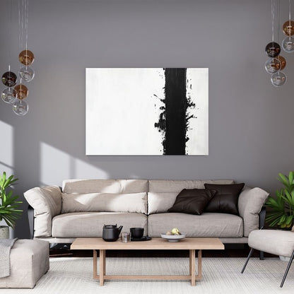 Tableau moderne avec un bandeau noir peint sur fond blanc, œuvre abstraite au style minimaliste et contemporain