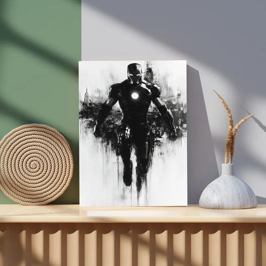 Peinture monochrome d’Iron Man dans un style comics, tableau dynamique et stylisé pour une décoration murale geek et moderne
