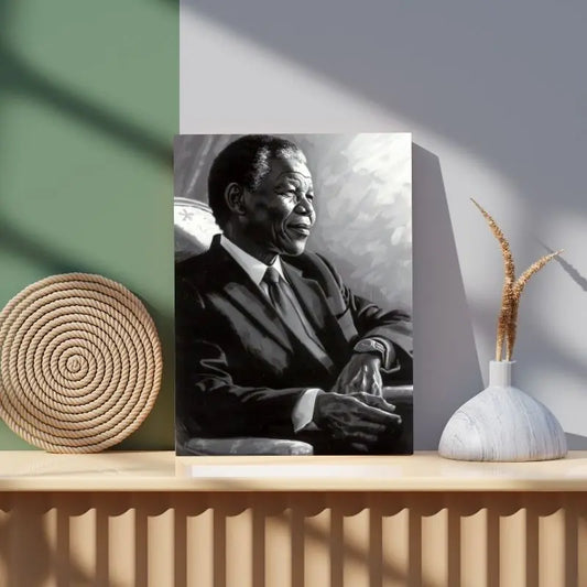 Peinture en noir et blanc de Nelson Mandela, portrait inspirant et historique pour décoration murale