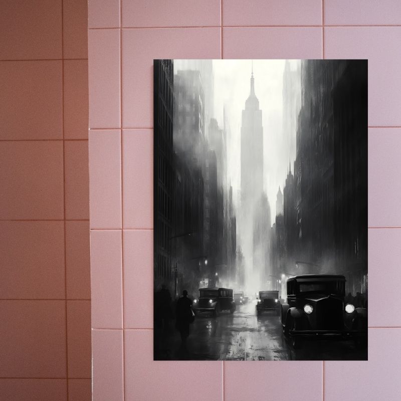 Peinture représentant l’ancien New York avec l’Empire State Building, tableau urbain au style rétro et architectural
