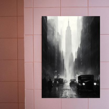 Peinture représentant l’ancien New York avec l’Empire State Building, tableau urbain au style rétro et architectural